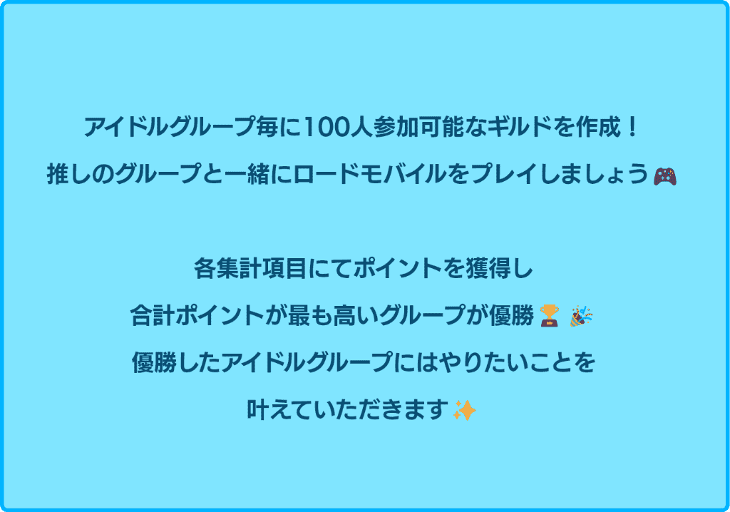 アイドルグループ毎に100人参加可能なギルドを作成！推しと一緒にロードモバイルをプレイしましょう！各集計項目にてポイントを獲得し、合計ポイントが最も高いグループが優勝！優勝したアイドルグループにはやりたいことを叶えていただきます！